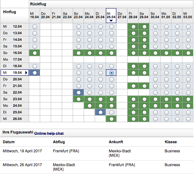 Mexiko Stadt: Ein sehr seltenes Meilenschnäppchen. Die Verfügbarkeit ist aber erstaunlich gut für bis zu vier Personen.