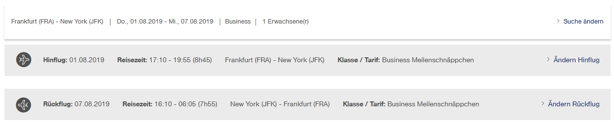 Beispiel für Meilenschnäppchen | FRA-JFK - Hin- und Rückflug
