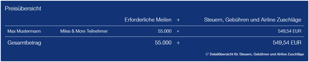 Beispiel für Meilenschnäppchen | FRA-JFK - Flugkosten