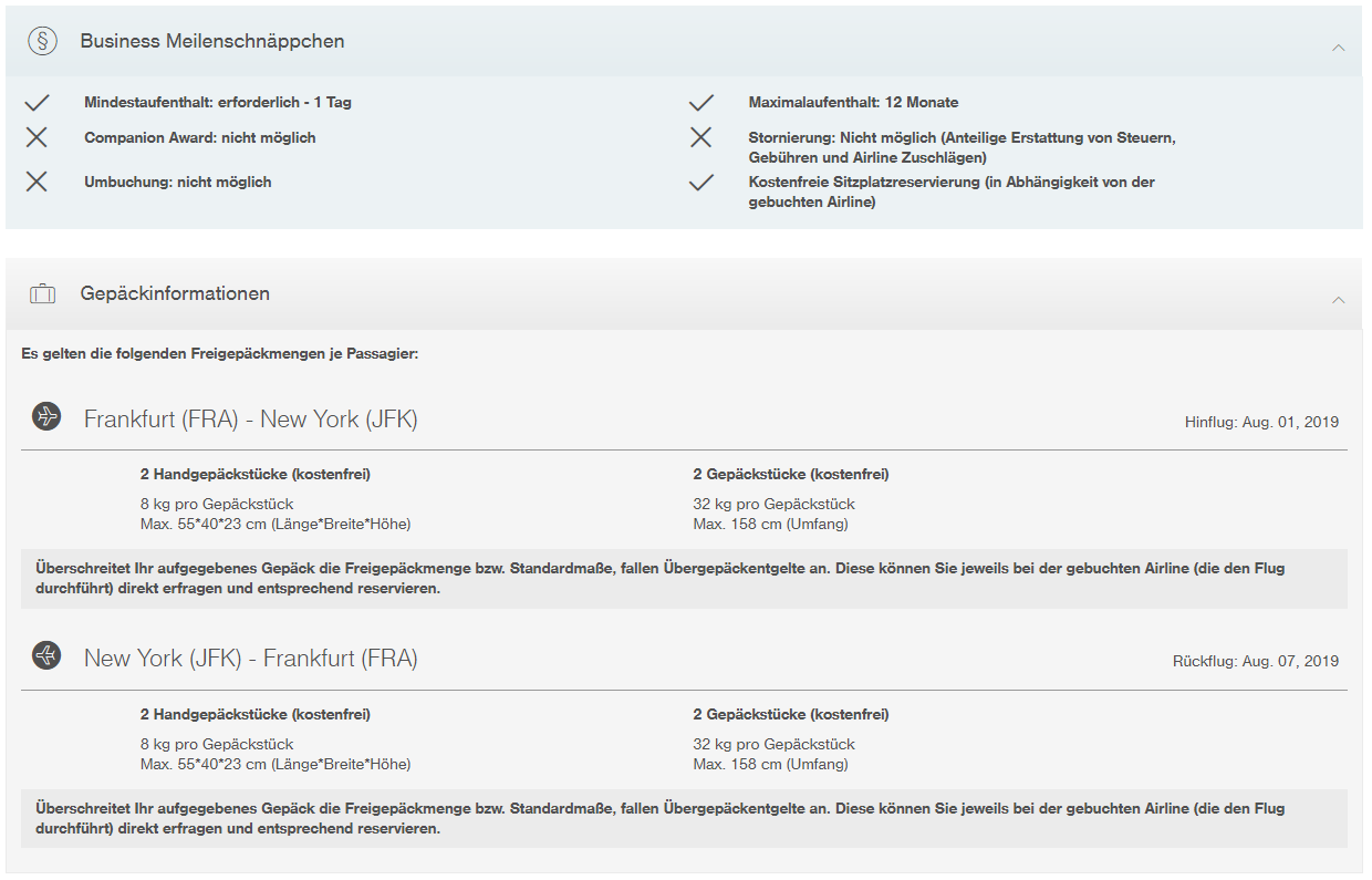 Beispiel für Meilenschnäppchen | FRA-JFK - Tarifinformationen