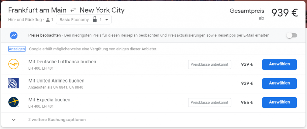 Anbieterauswahl bei Google Flights