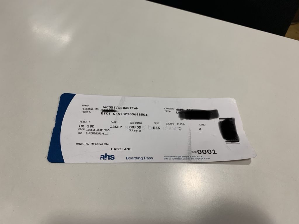 Bordkarte nach Luxemburg ohne Sitzplatznummer