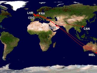 Qatar Airways A380 Ziele mit First Class. Map: gcmap.com