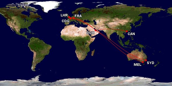 Qatar Airways A380 Ziele mit First Class. Map: gcmap.com