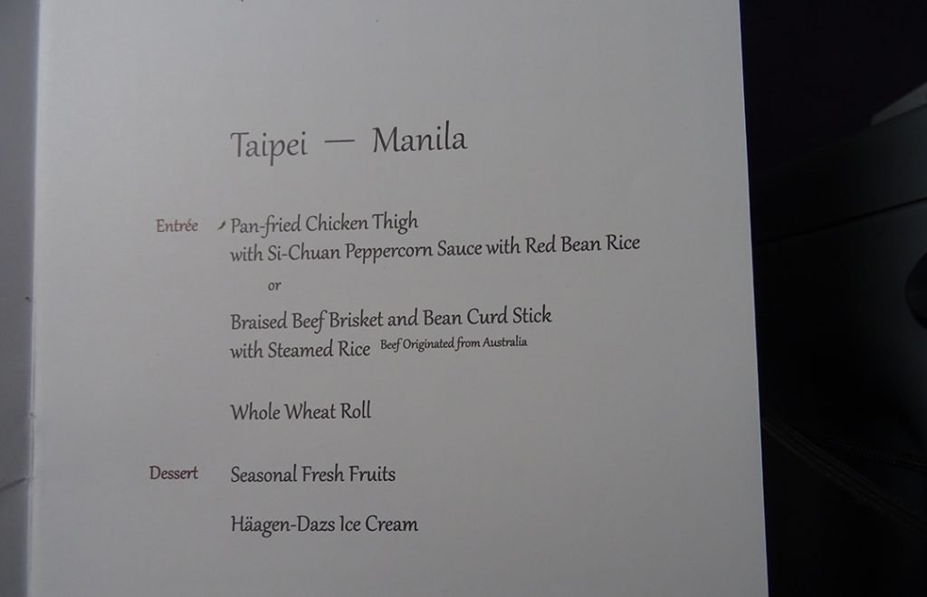 Menükarte TPE-MNL, B737-800