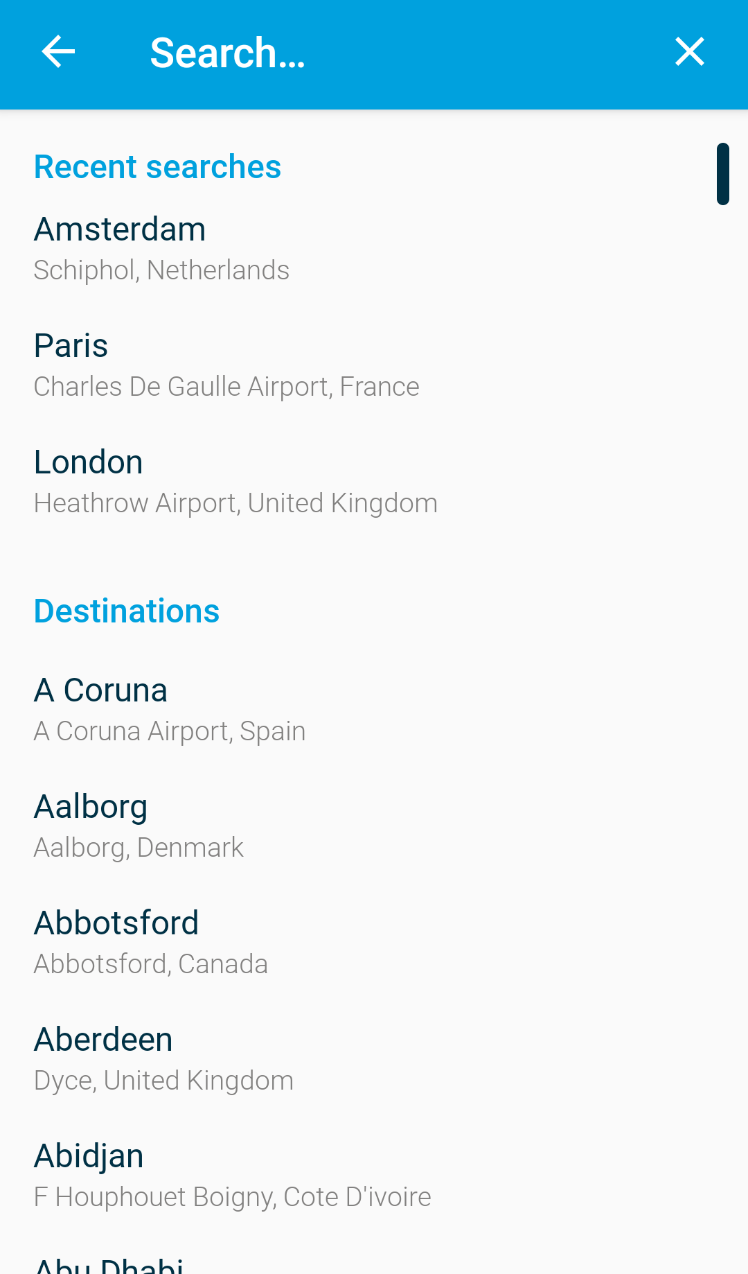 KLM Royal Dutch Airlines Guide - App: Flughafen-Suche