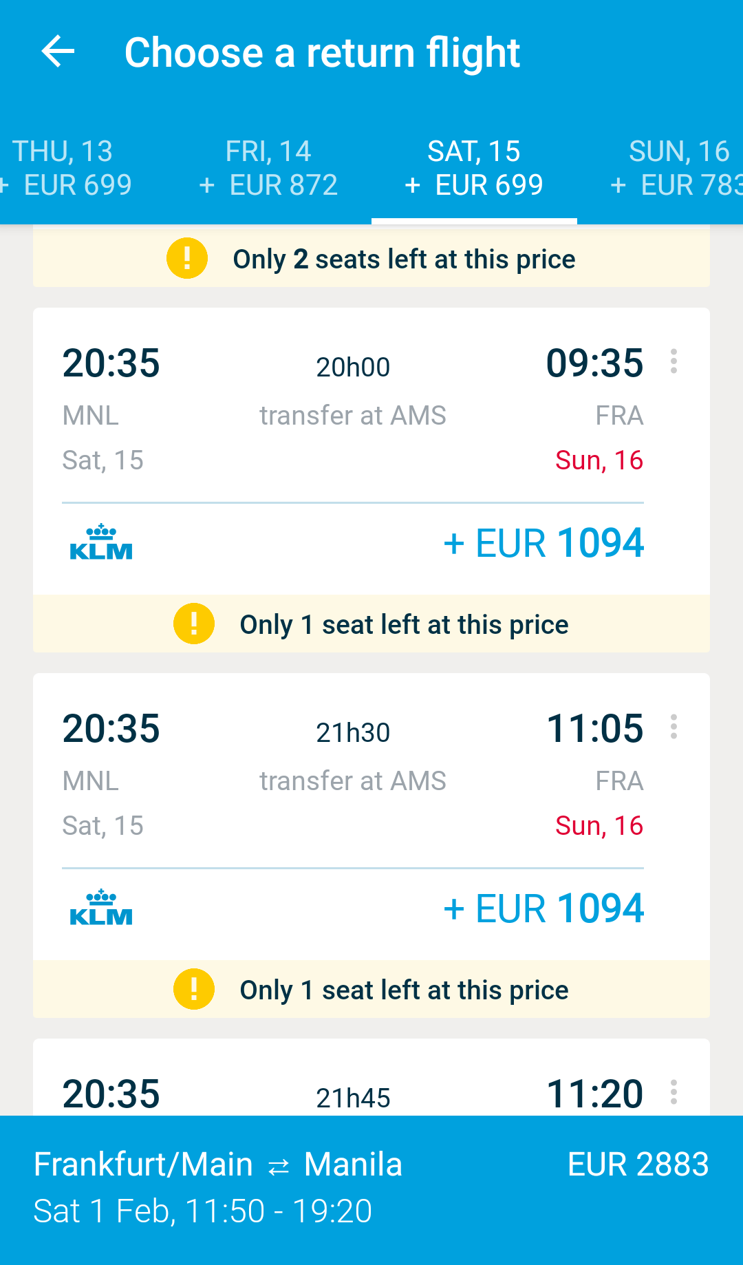 KLM Royal Dutch Airlines Guide - App: Rückflug aussuchen