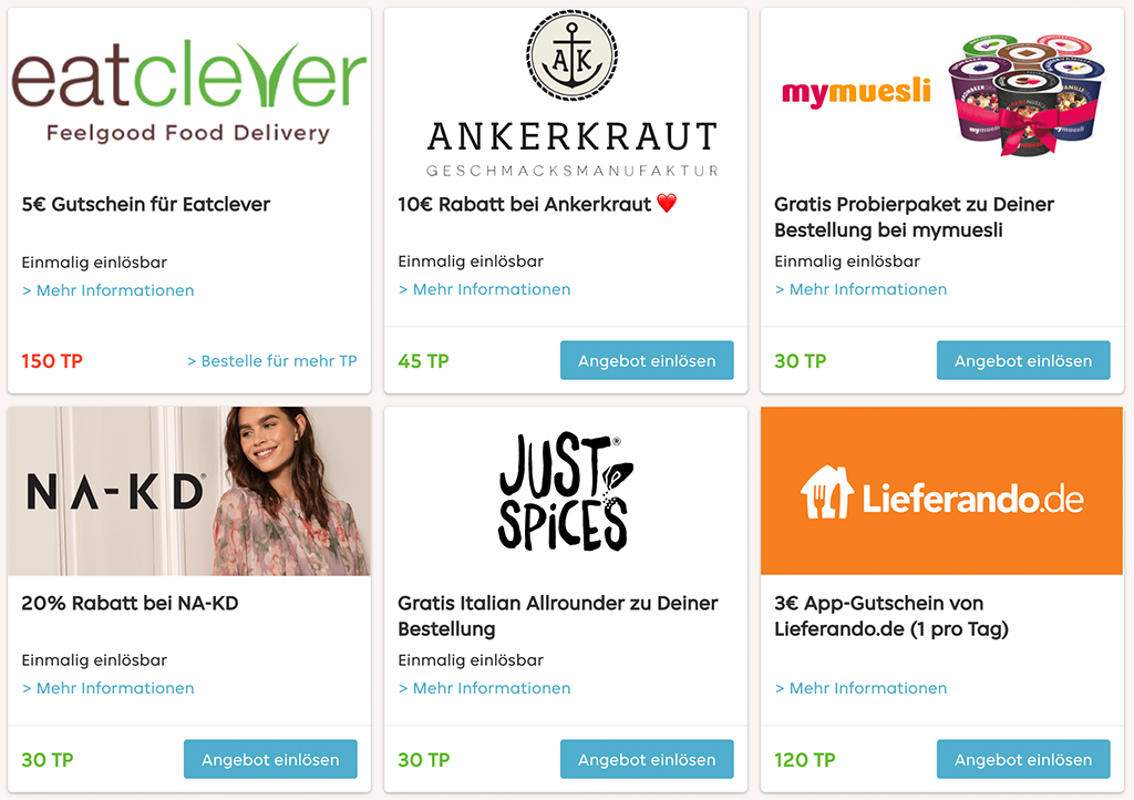 Lieferando: Ausschnitt aus dem Prämienshop (Stand April 2020)